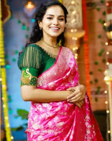 Gorgeous Green Color Peacock Designer Blouse with pink saree