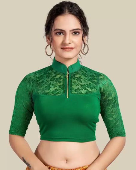 Green Color Band Collar Women Blouse