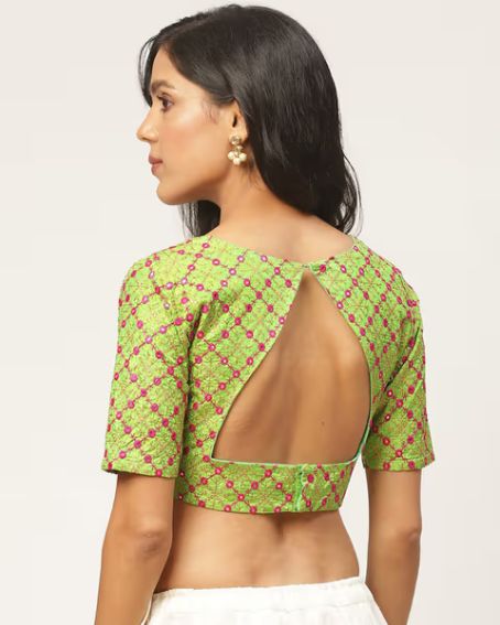 Green Raw Silk Stitched Blouse with Back Open