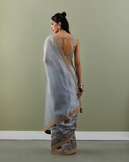 Grey Printed Organza Silk Saree And Blouse Highlighted With Dori And Zardozi Work