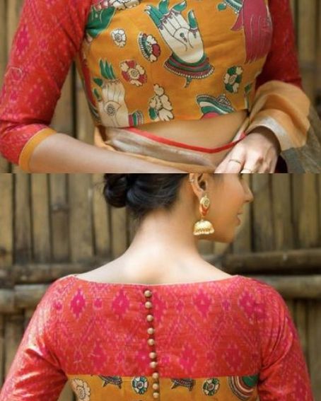 Kalamkari Red and yellow Color Boat Neck Blouse Design
