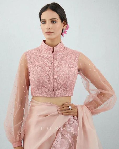 Light Pink Sleeves Collar Neck Blouse Design