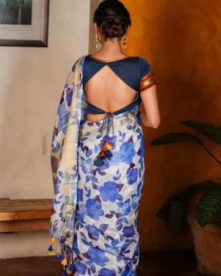 Navy Blue Color Back Open Blouse with Full Sleeves