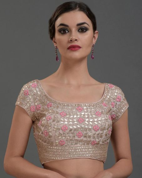 Nude Pink Gota Patti & Floral Hand Embroidered Short Blouse