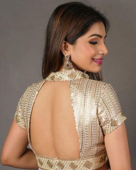 Off White Georgette Gold Sequin Chinese Collar Blouse