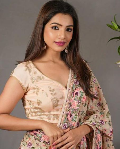 Pale Peach Chinon Crepe Embroidered Sweetheart Neck Blouse
