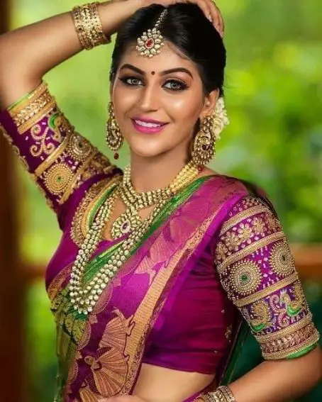 Pink Color blouse with green Peacock design and kundans work