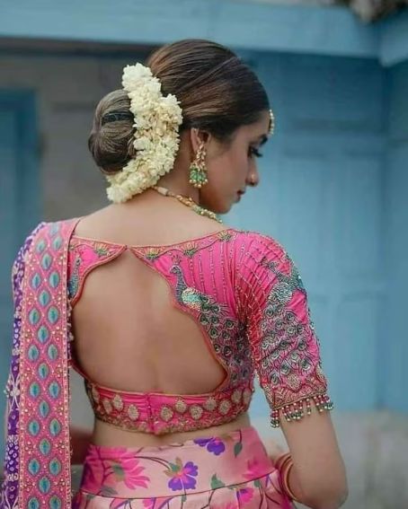 Pink and Dark Green Maggam Work Aari Work Handmade Saree Blouse
