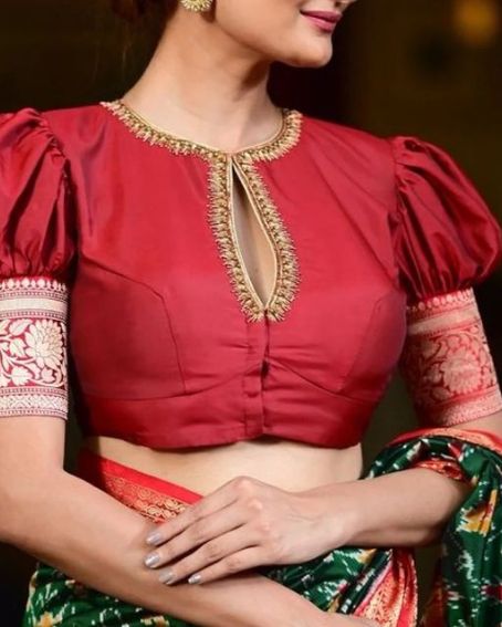 Red Boat Neck Blouse with Pluff Sleeves with green saree