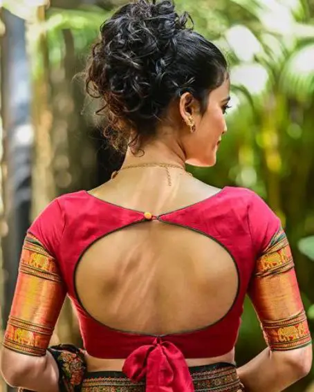 Red Boat Neck Knot Blouse with Tie Back with Gold Zari Sleeves in Narayanpet Cotton