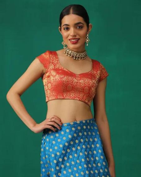 Red & Gold Brocade Short Hand Blouse With Cap Sleeves