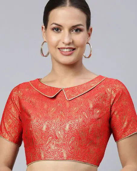 Red Jacquard Readymade Collar Neck Blouse Design