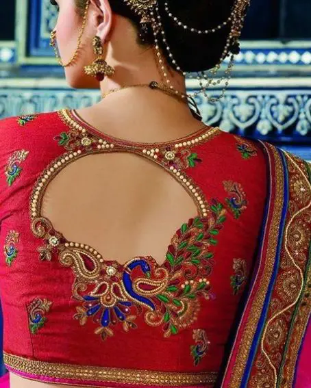 Simply Thread Work Party Blouse Red Color with back side peacock