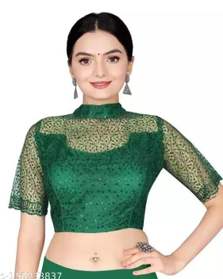 Stitched Net Sifly Work Readymade Blouse with Collar Neck Design