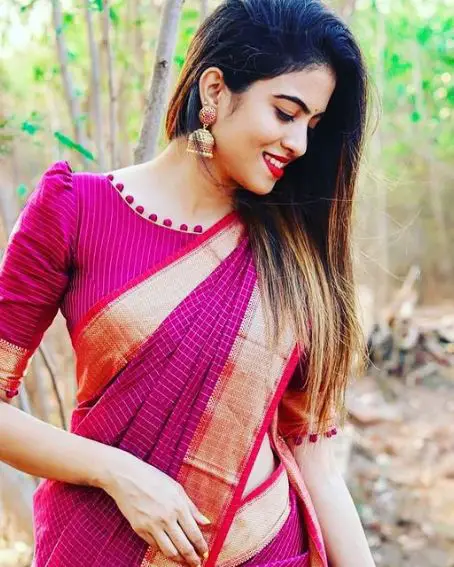 Stunning Pink Color Boat Neck Blouse with silk saree