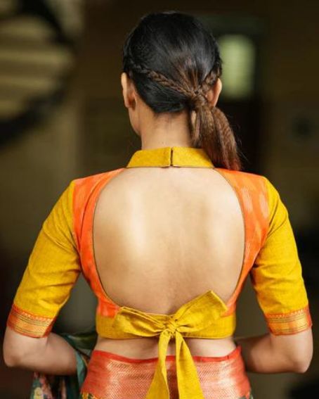 Tangerine and Cyber Yellow Handloom Chinese Collar Blouse with Border Detailing