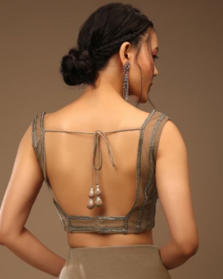 Taupe Grey Ready-Pleated Saree With A Crop Top In Foil Applique Embellishment Sleeveless With A Tie-Up Tassel Dori At The Back