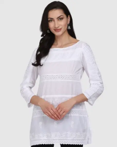 White Boat Neck Chikankari Embroidered Sustainable Tunic