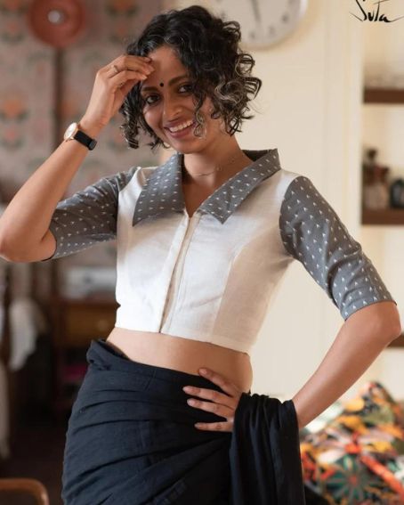 White and Gray Combined Collar Neck Blouse Design