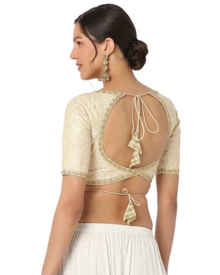 Womens Cream Dupion Silk Back Open Readymade Saree Blouse