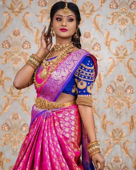Aari Work Blue Blouse With Pink Saree Great Combination
