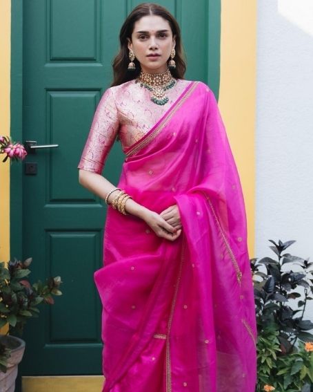 Aditi Rao Hydari in Pink Plain Saree with Banarasi Blouse