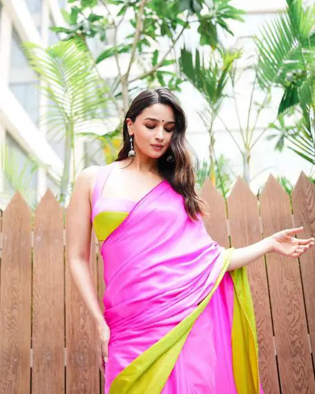 Alia Bhatt Pink Yellow Satin Designer Bollywood Saree