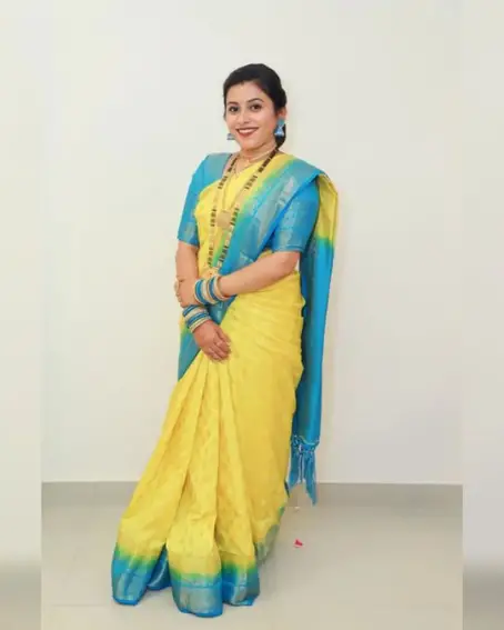 Amazing Fancy Yellow Saree with Blue Blouse