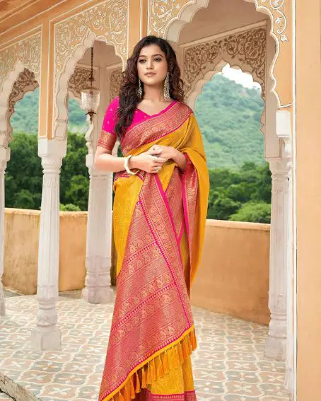 Amber Yellow With Pink Border Silk Traditional Saree