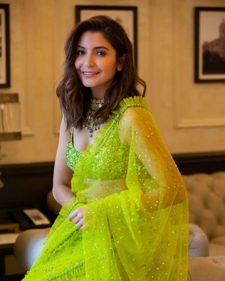Anushka Sharma in Parrot Green Saree with Sequins Sleeveless Blouse