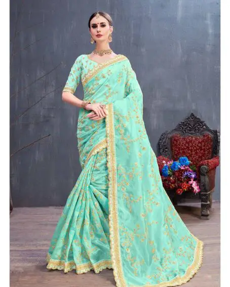 Aqua Blue Embroidered Organza Saree With Blouse