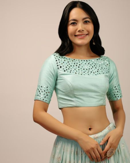 Aqua Blue Padded Blouse With Mirror Work And Half Sleeves