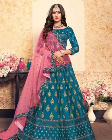 Aqua Satin Color Full Blouse Lehanga Choli