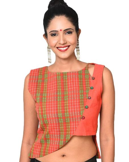 Asymmetrical Overlap style Orange Coloured Blouse