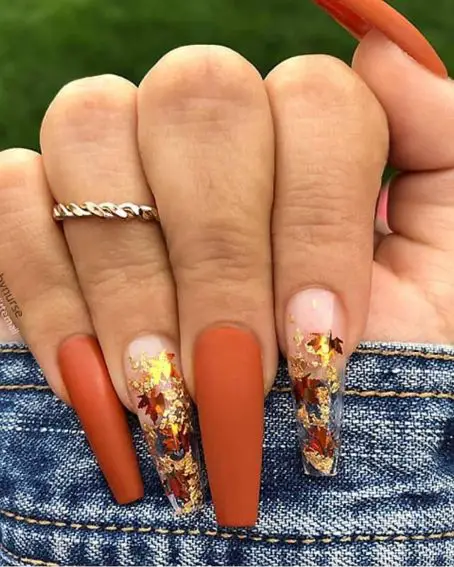 Autumn Leaves and Metallic Flakes on Burnt Orange Coffin Nails