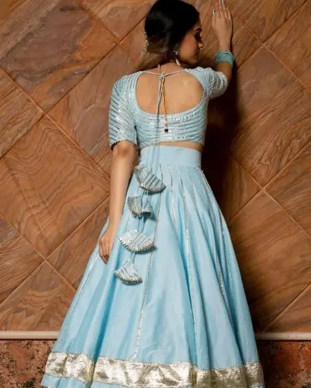 Ayesha Blue Cotton Silk Lehenga with Latkan Blouse