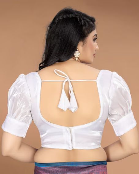 Back Open White Blouse with Puff Sleeves