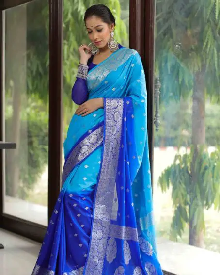 Banarasi Organza Saree With Silver Zari Design & Dual Color-Blue