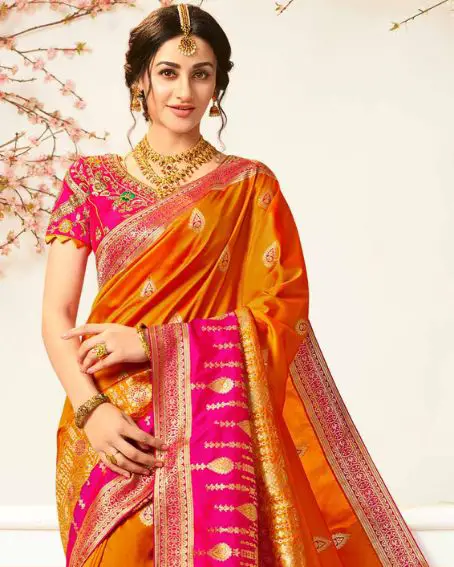 Banarasi Silk Traditional Saree in Orange with Weaving work