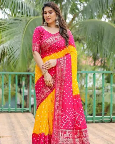 Bandhej Printed Art Silk Saree in Yellow and Pink