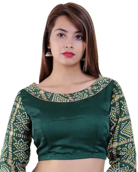 Bandhej Printed Crepe Padded Blouse in Dark Green