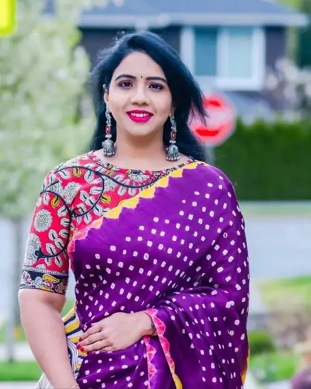 Bandini saree with kalamkari border and paired with a kalamkari blouse