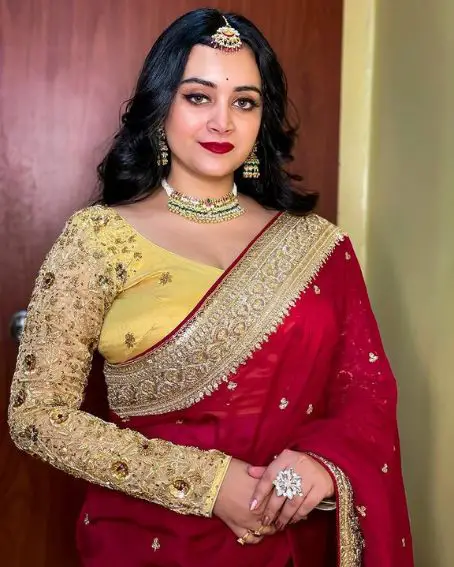 Beautiful Maroon Saree with Yellow Full Sleeve with Work Contrast Blouse