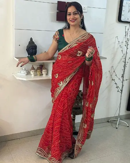 Beautiful Red Bandhani Saree with Green Plain Blouse