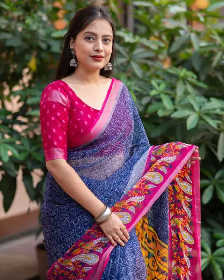 Beautiful Soft Chiffon Saree With Bandhni & Kalamkari Print - Blue