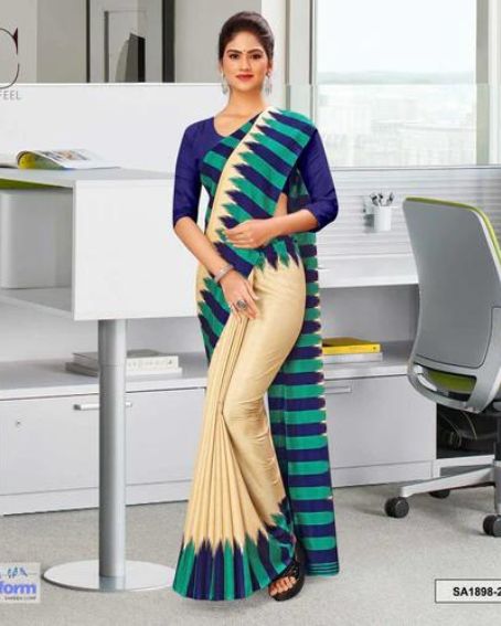 Beige And Blue Women's Premium Manipuri Cotton Plain Border Uniform Sarees With Blouse Piece For Hospital