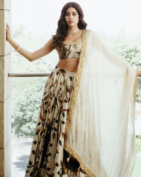 Beige Chanderi Silk Floral Print Lehenga with Sleeveless Blouse