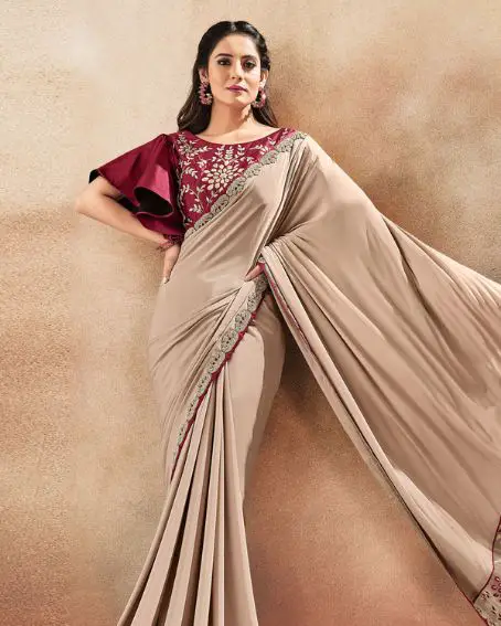 Beige Crepe Silk Plain Saree With Designer Blouse