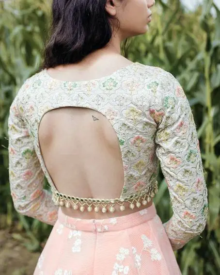 Beige Color Floral Work Backless Blouse with Tassels