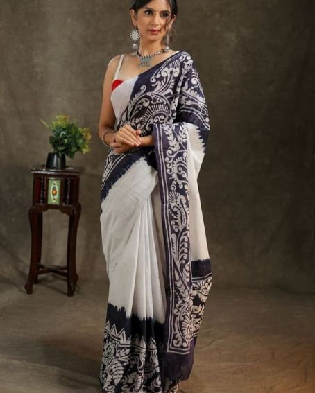 Black And White Plain Cotton Saree With Blouse